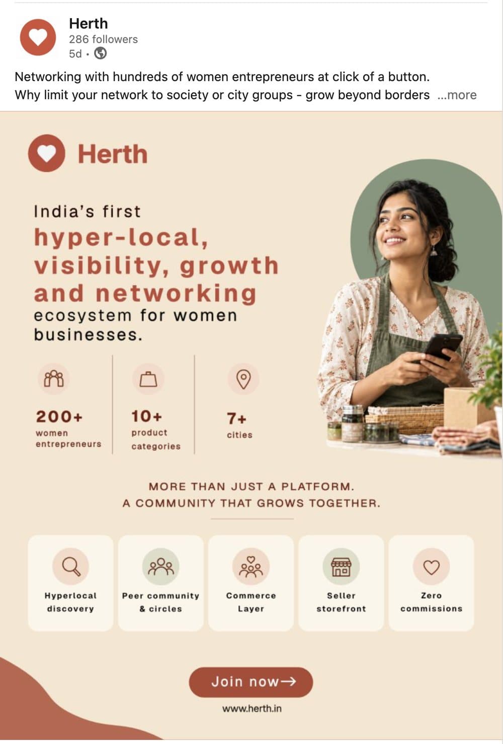 LinkedIn post by Herth: networking with hundreds of women entrepreneurs, a hyper-local growth ecosystem.