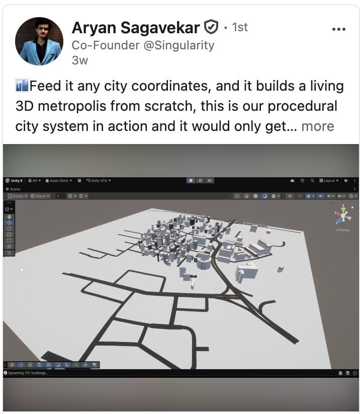 LinkedIn post by Aryan Sagavekar showing a procedural 3D city system built in Unity.