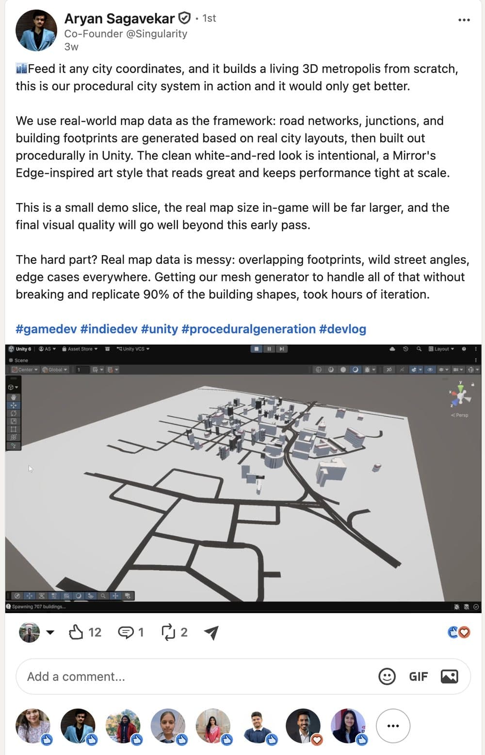 LinkedIn post by Aryan Sagavekar on generating roads and buildings from real-world map data in Unity.