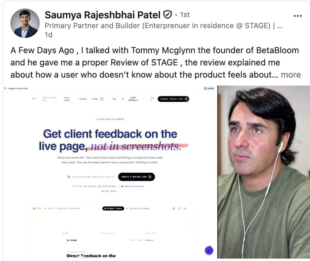 LinkedIn post by Saumya Patel about a review of STAGE from the founder of BetaBloom.