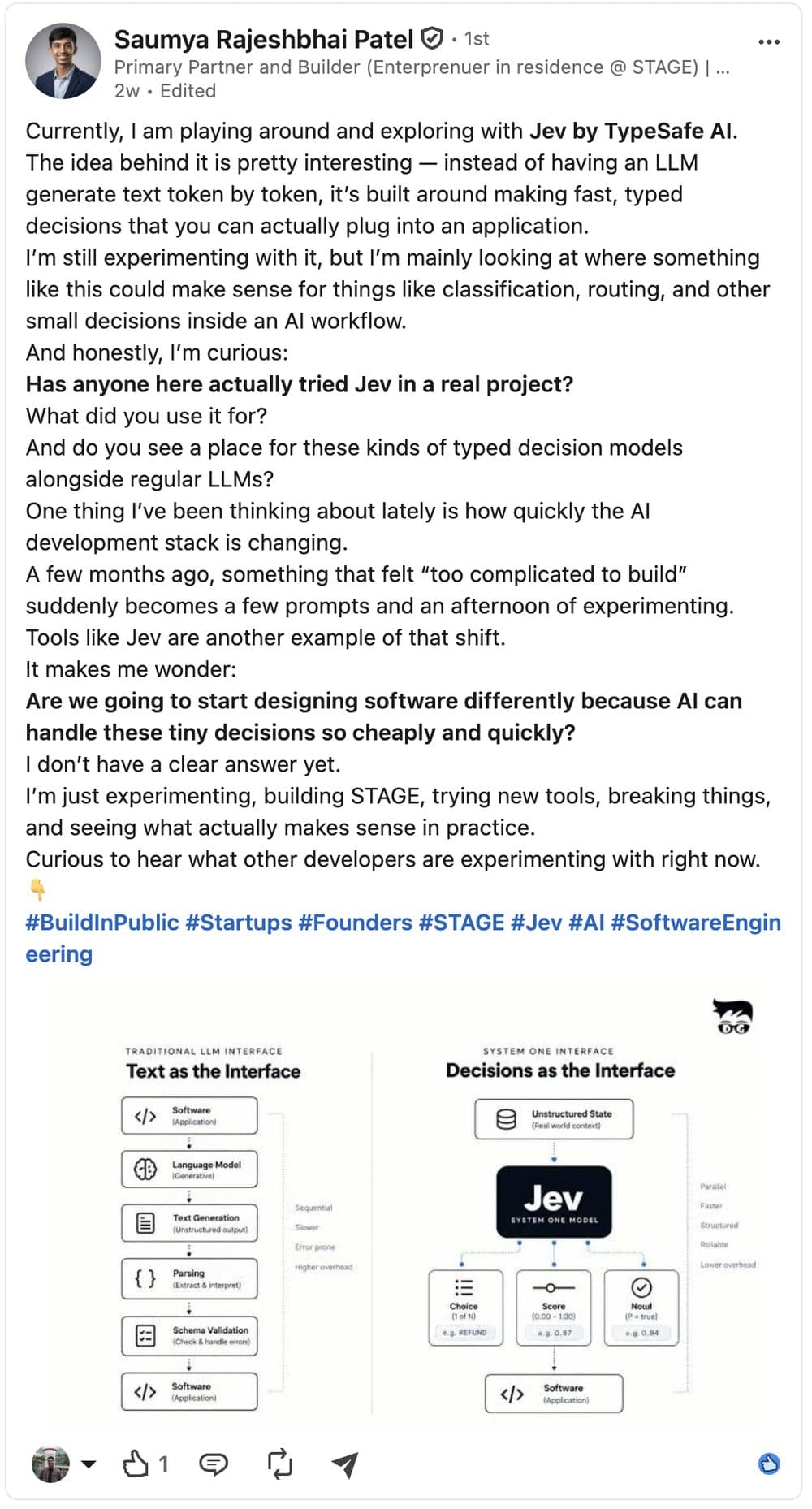 LinkedIn post by Saumya Patel exploring Jev by TypeSafe AI while building STAGE.