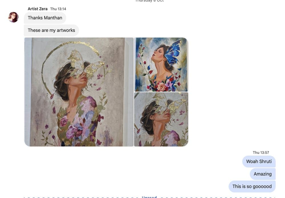 Direct message from an artist sharing her artworks, with a reply: this is so good.