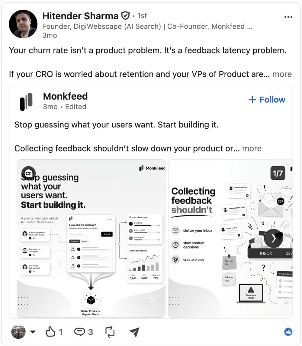 LinkedIn post by Hitender Sharma sharing Monkfeed: stop guessing what your users want.